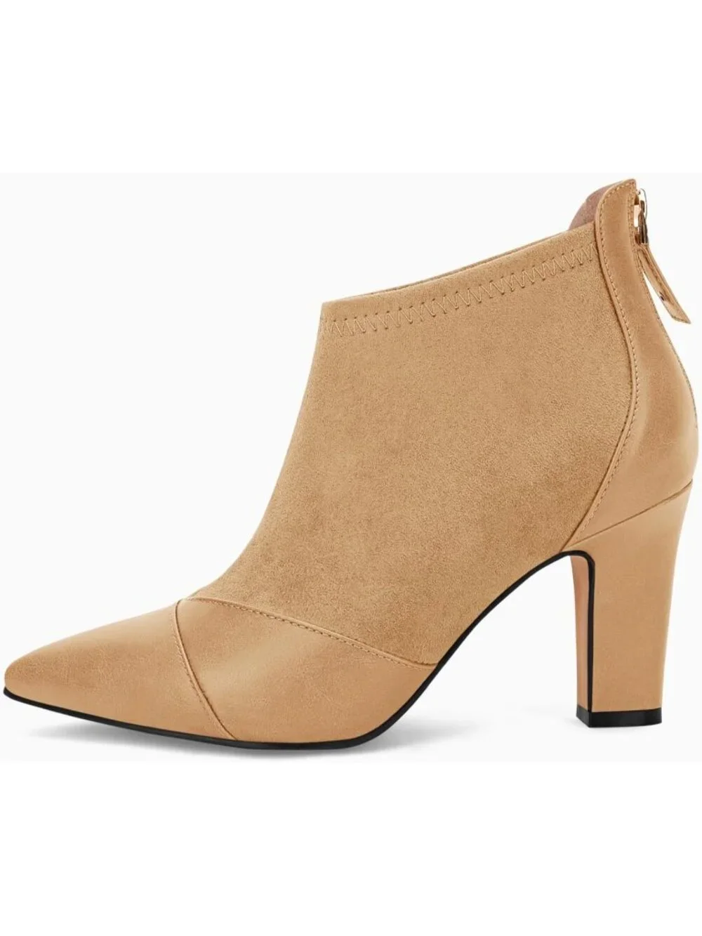 Women's Light Khaki Pointed Toe Stiletto Heel Splicing Back Zipper Ankle Boots